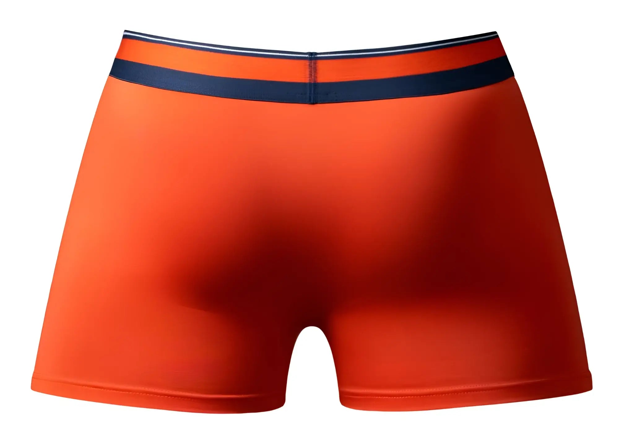 Bright orange male power soo cumfy boxer briefs with navy blue waistband and white and light gray stripes