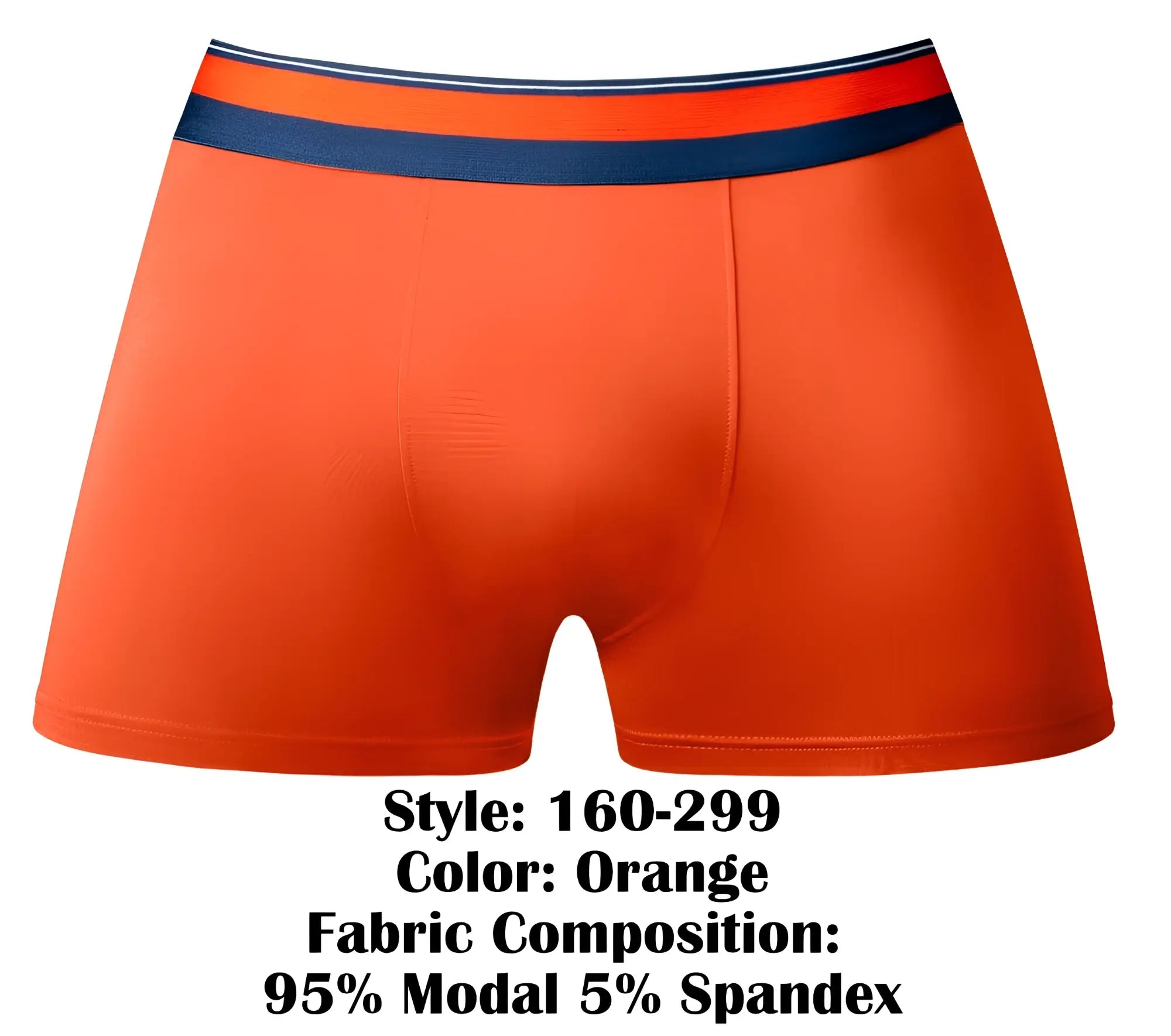 Male power 160-299 soo cumfy orange boxer briefs with navy blue and white striped waistband made of modal and spandex