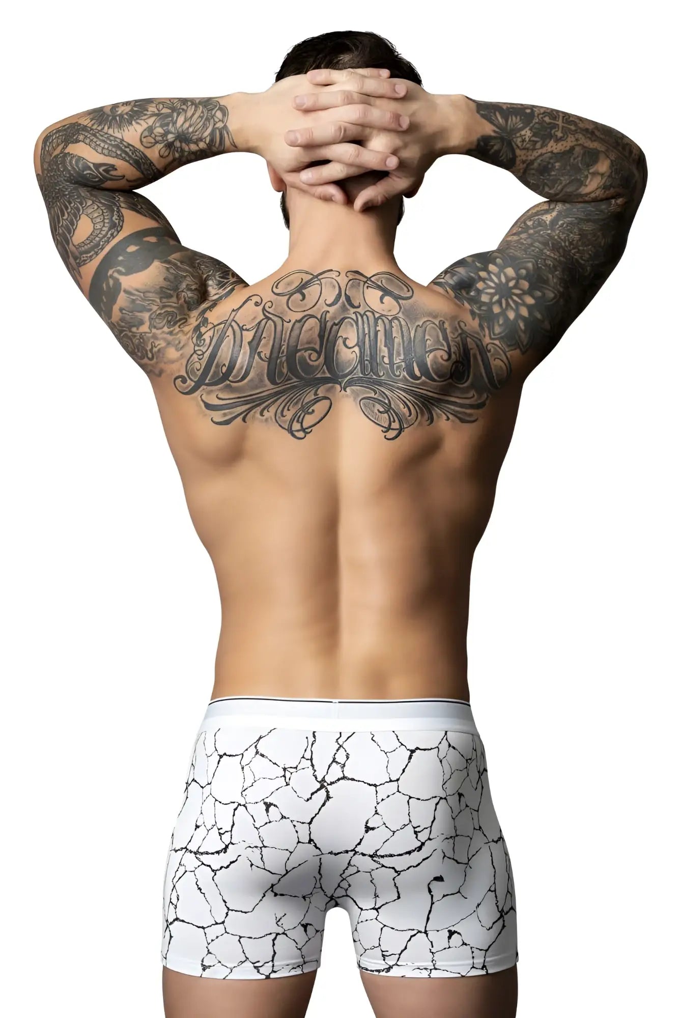 Male power 160-299 soo cumfy boxer briefs in white with black cracked earth pattern for comfortable wear