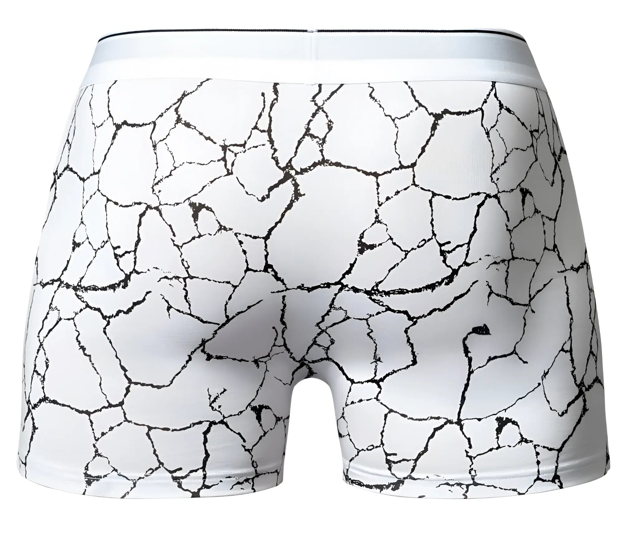 Male Power 160-299 Soo Cumfy white boxer briefs with a black cracked earth pattern for comfortable daily wear