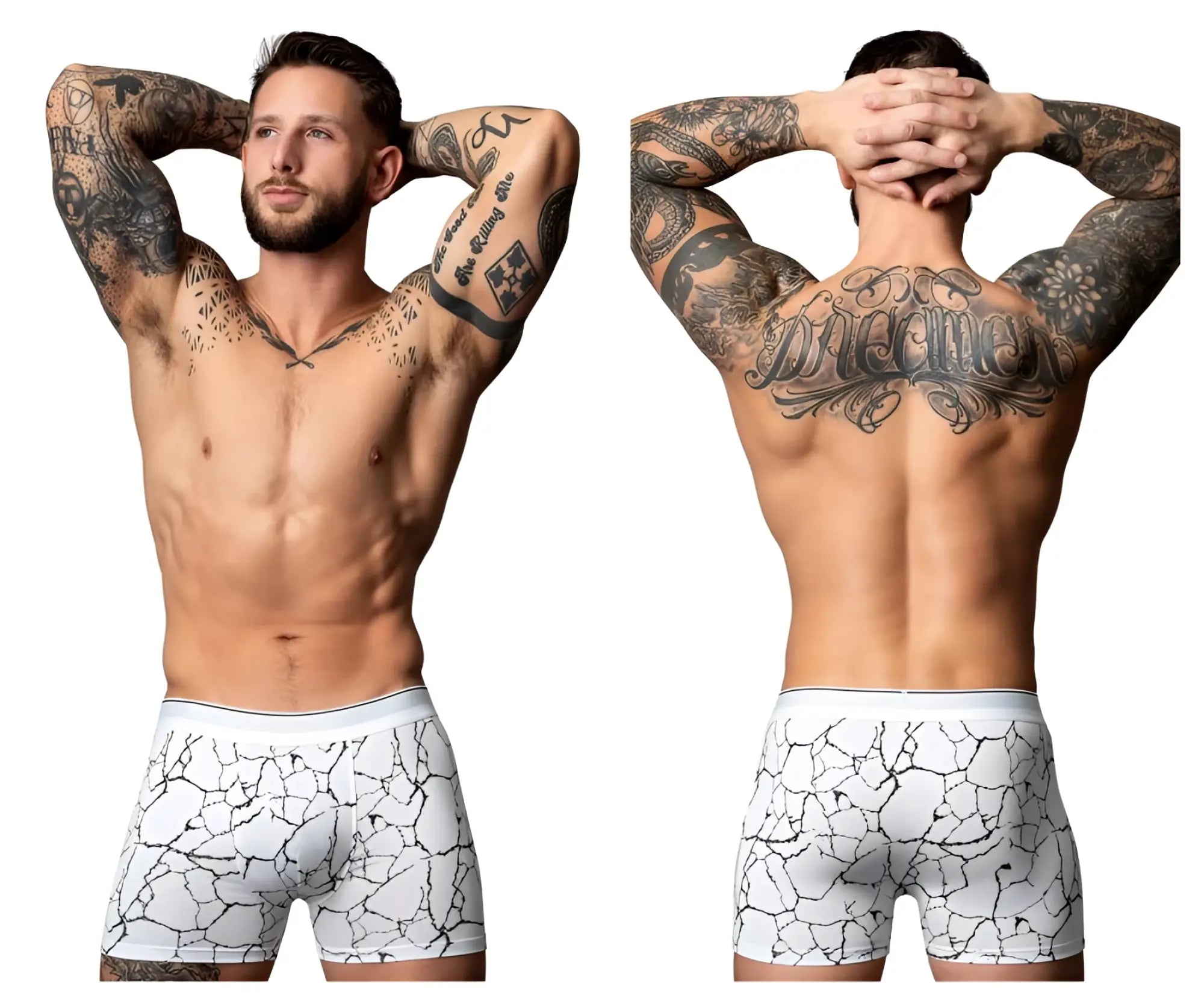 Male power 160-299 soo cumfy white boxer briefs with black cracked earth pattern for comfortable daily wear