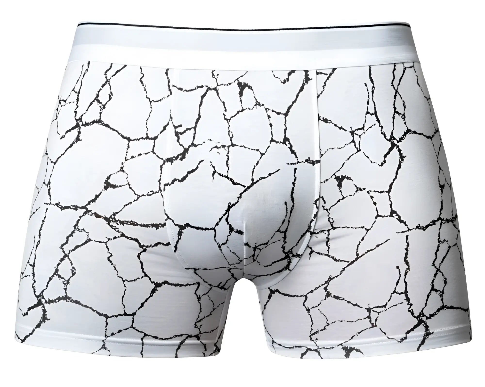 White-black male power 160-299 soo cumfy boxer briefs with black cracked marble pattern on white fabric