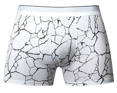 White-black male power 160-299 soo cumfy boxer briefs with black cracked marble pattern on white fabric