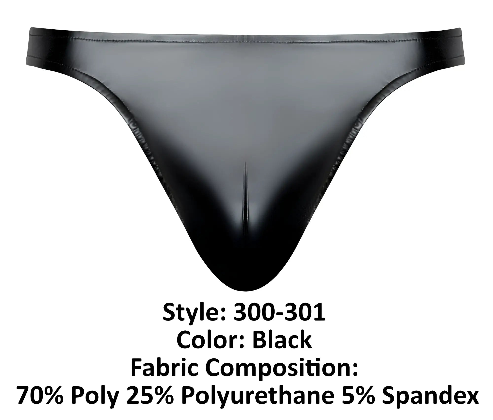 Black glossy-finish thong made of polyester polyurethane and spandex from Male Power 300-301 Liquid Onyx 2.0 Moonshine