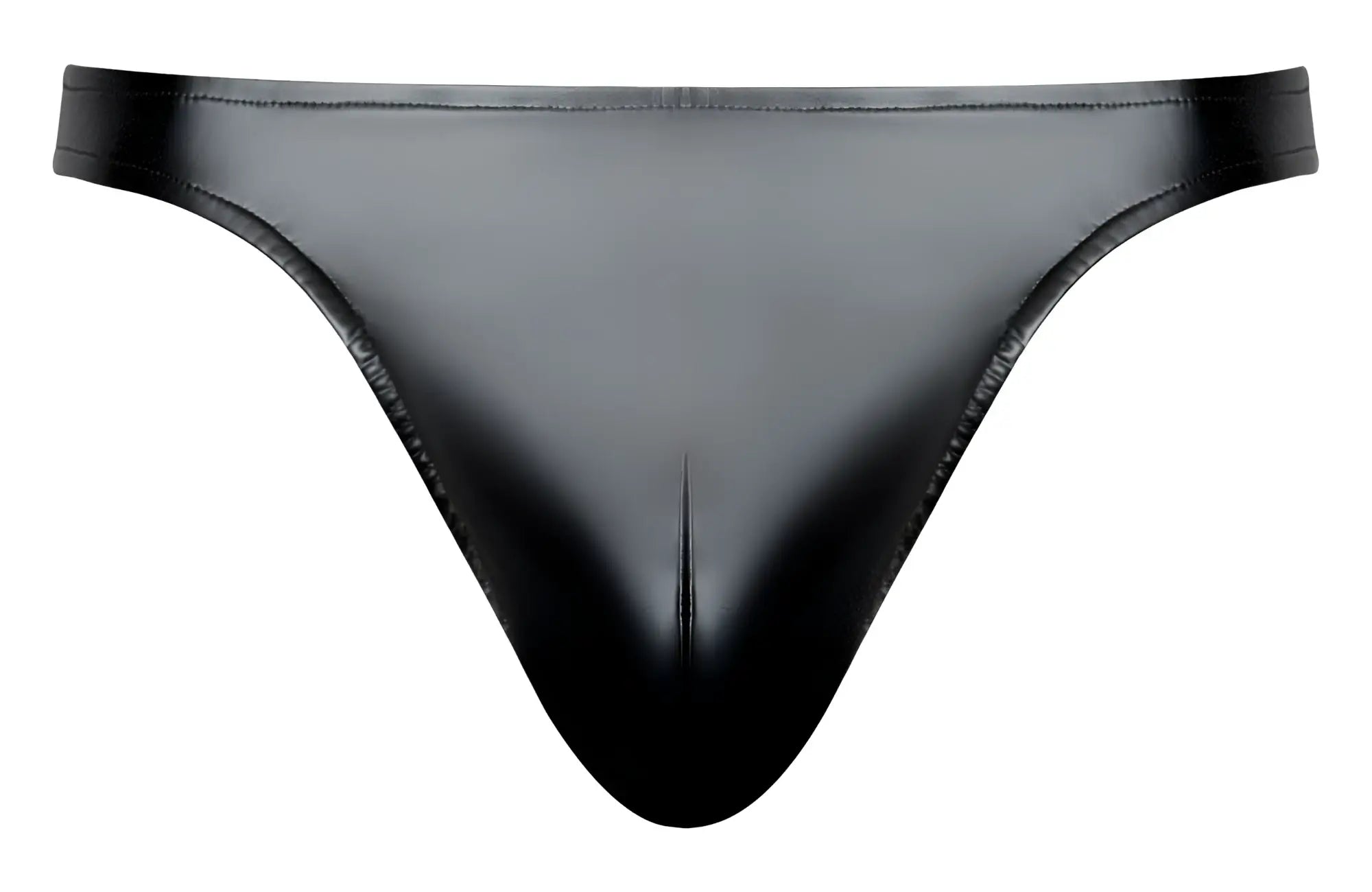 Male power 300-301 liquid onyx 2.0 black glossy latex thong with sleek form-fitting design shown from the back