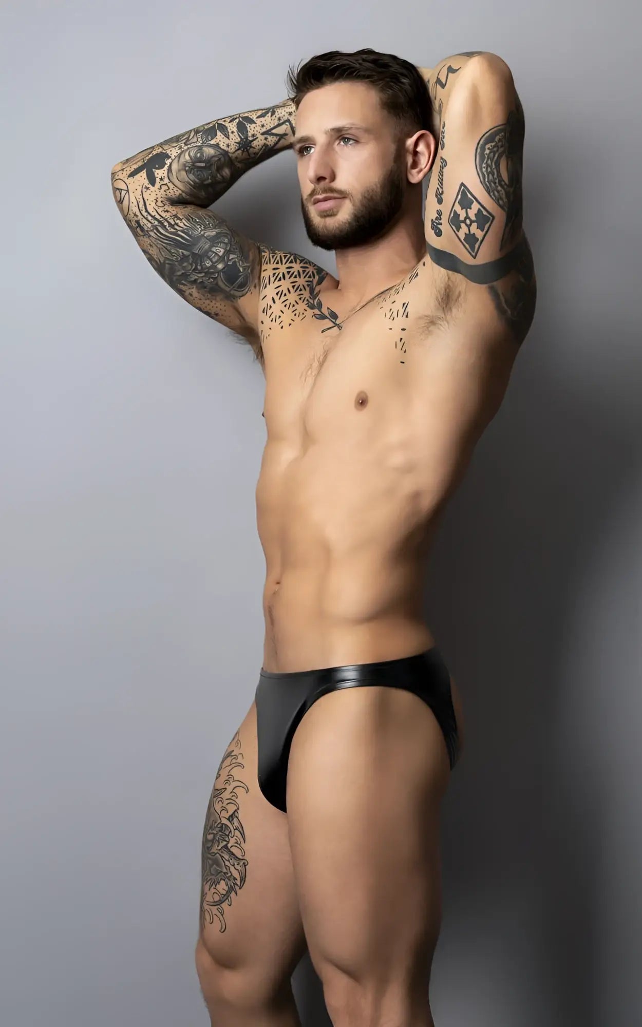 Black leather briefs male power 300-301 liquid onyx 2.0 moonshine color black shown from the back side