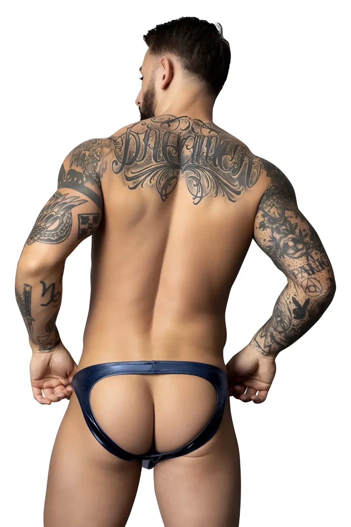 Navy blue latex thong with glossy finish and intricate back design from male power 300-301 liquid onyx 2.0 moonshine blue