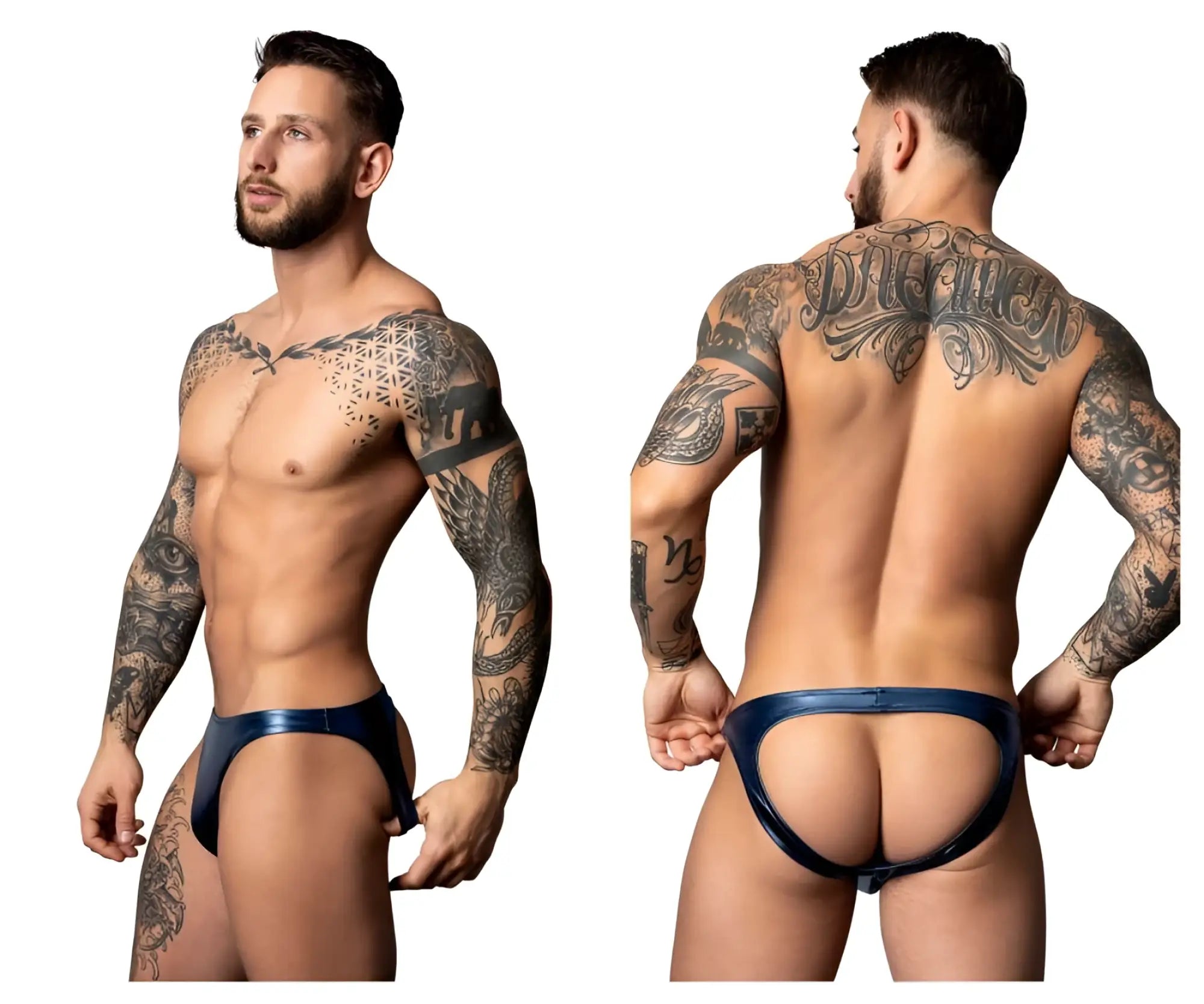 Male Power 300-301 liquid onyx 2.0 moonshine navy blue shiny latex briefs for men front view