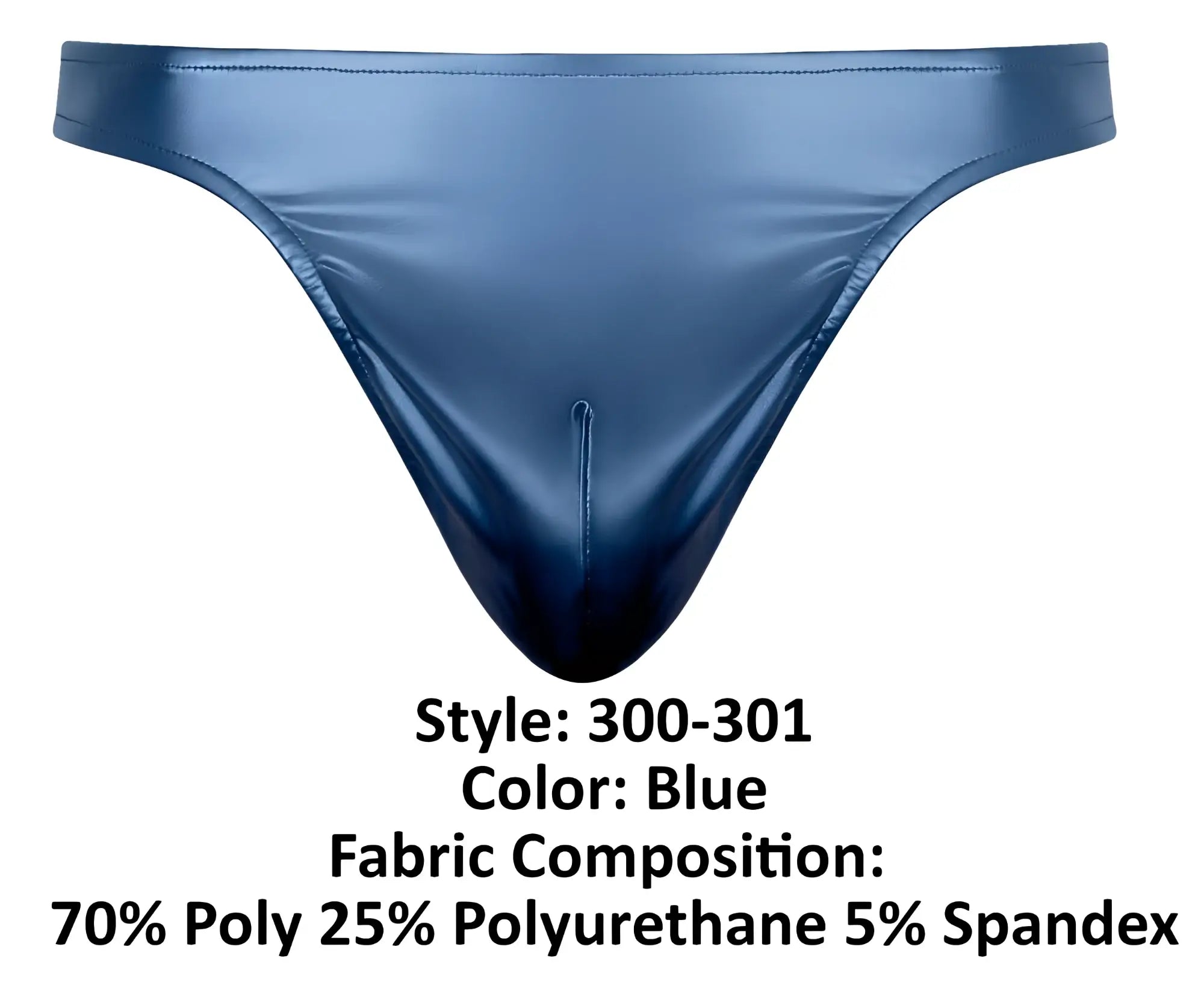 Blue shiny thong from male power 300-301 liquid onyx 2.0 moonshine made of 70 polyester 25 polyurethane 5 spandex