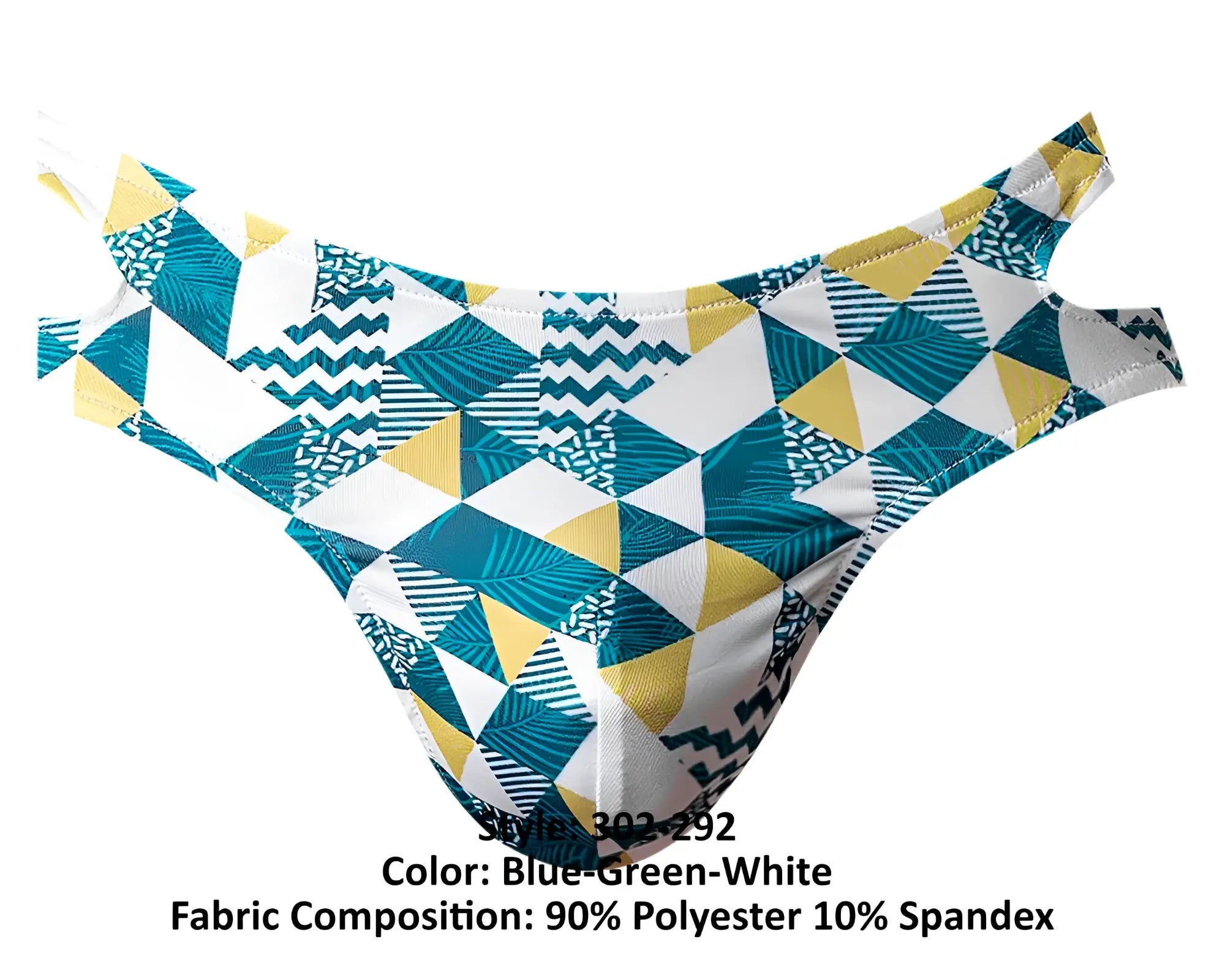 Blue-green and white geometric patterned men’s briefs made of 90 polyester and 10 spandex by male power
