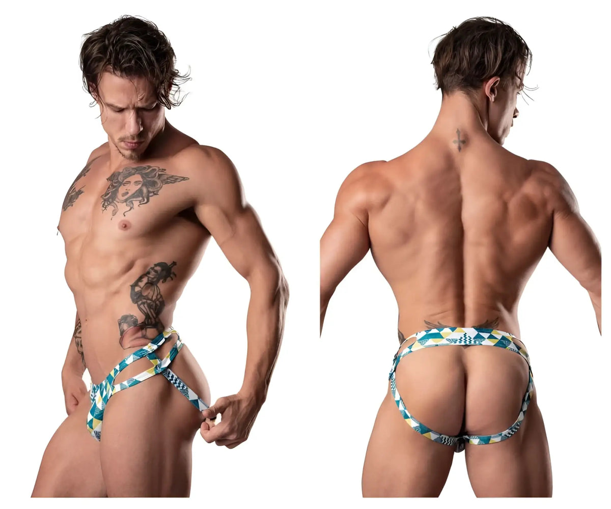 Male power 302-292 cut it out moonshine blue green white geometric patterned men’s briefs with distinctive cutouts