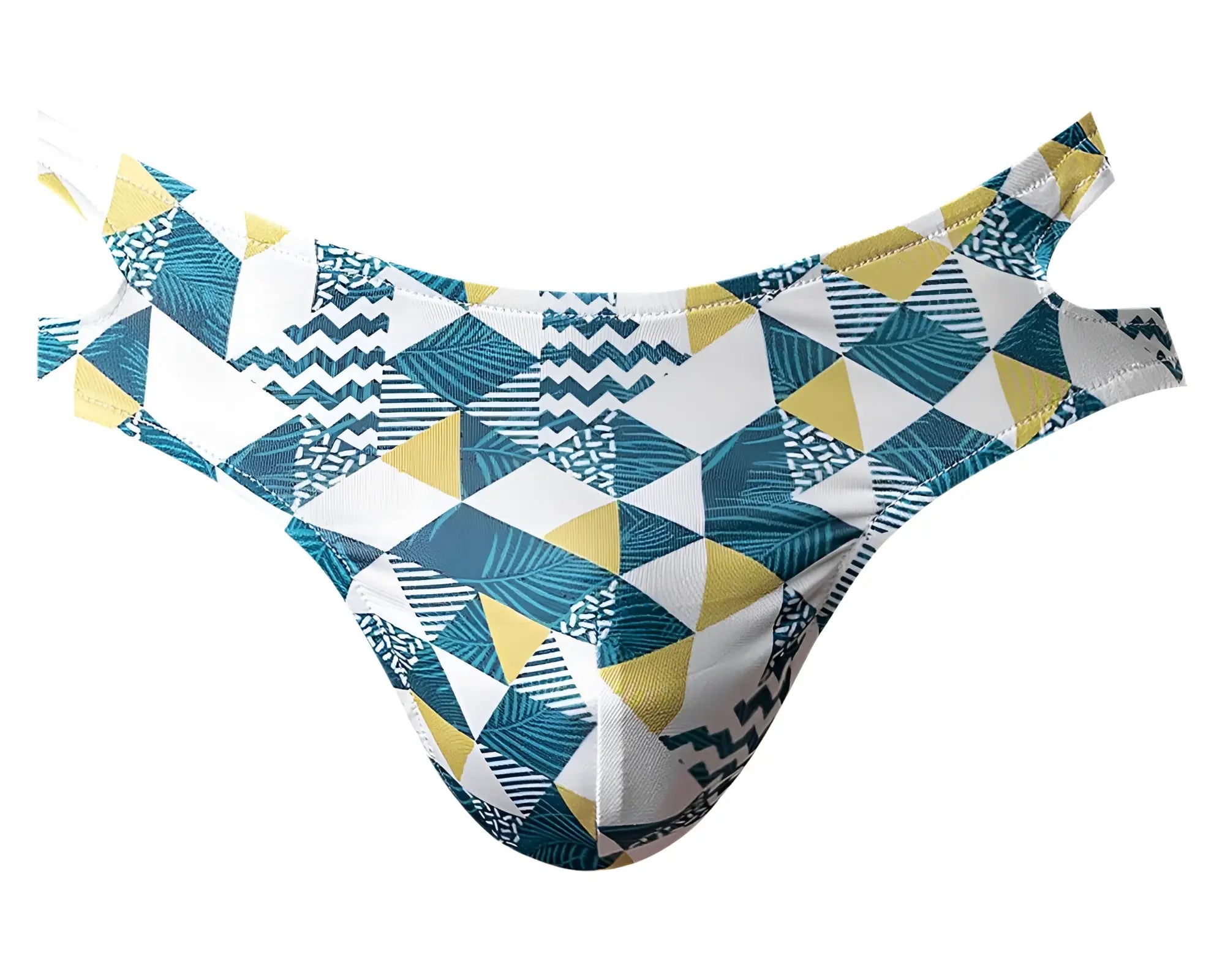 A men’s thong by male power featuring a bold teal yellow and white geometric pattern with zigzag and leaf motifs