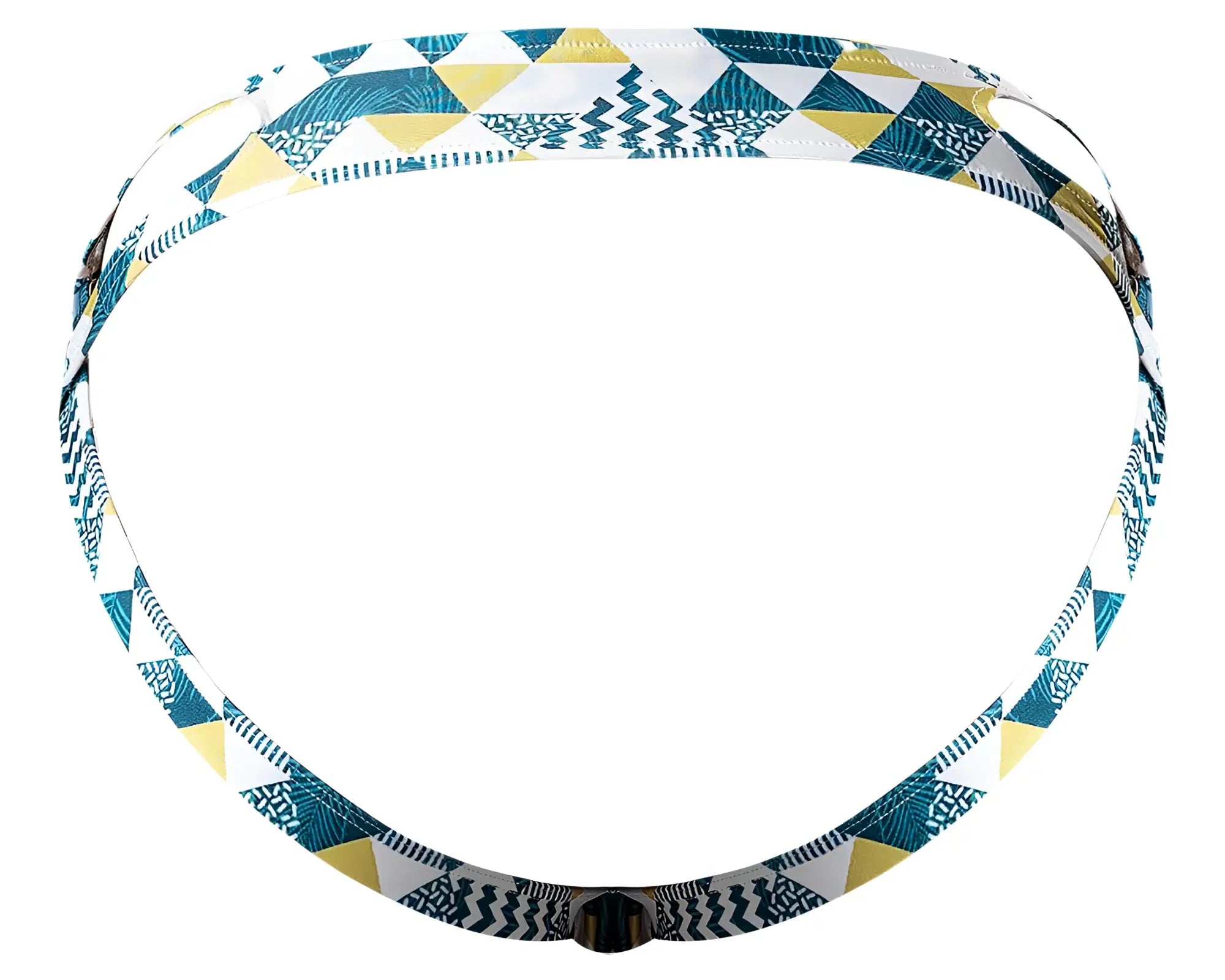 A stylish adjustable headband with teal yellow white triangles and black line designs from male power 302-292 cut it out moonshine