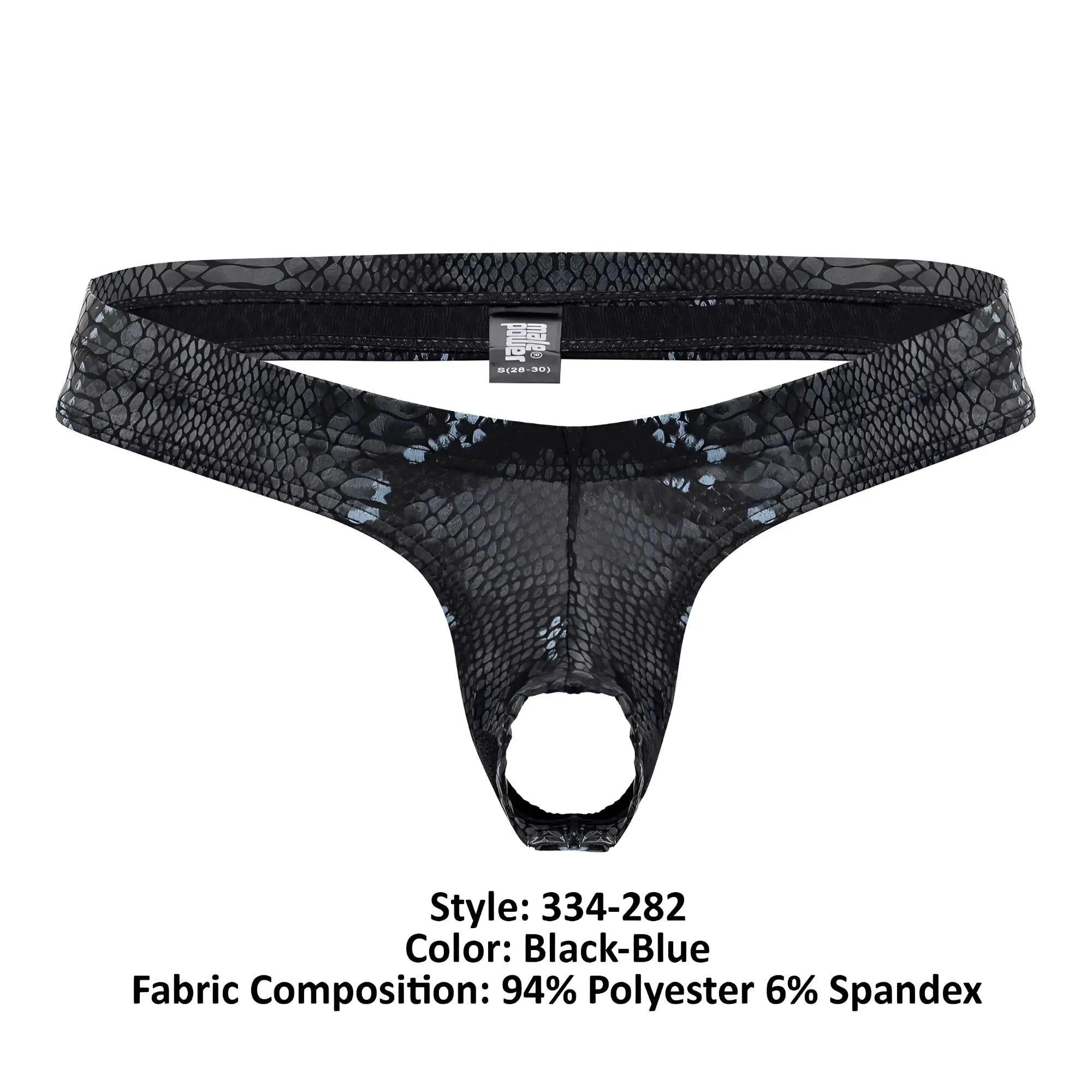 Black-blue snake-skin patterned thong made of 94 polyester and 6 spandex from male power model 334-282