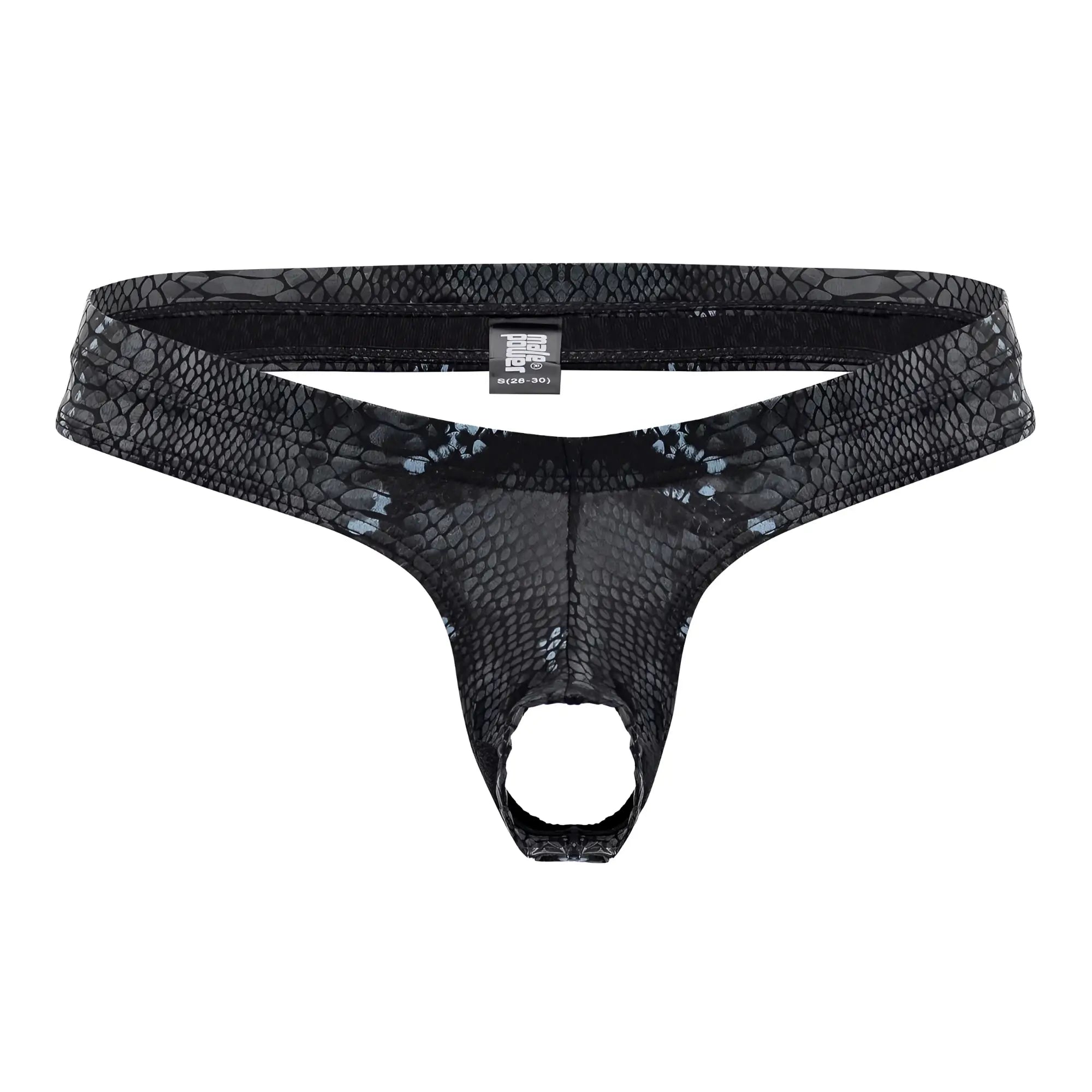 Male power 334-282 s-naked power sock thong with black-blue snake skin pattern mesh texture and elastic waistband