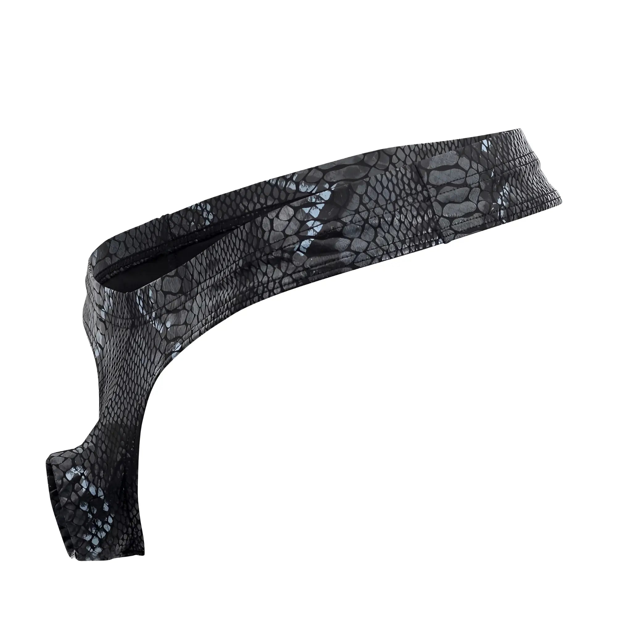 Black snakeskin-patterned belt with glossy faux leather finish from male power 334-282 s-naked power sock black blue