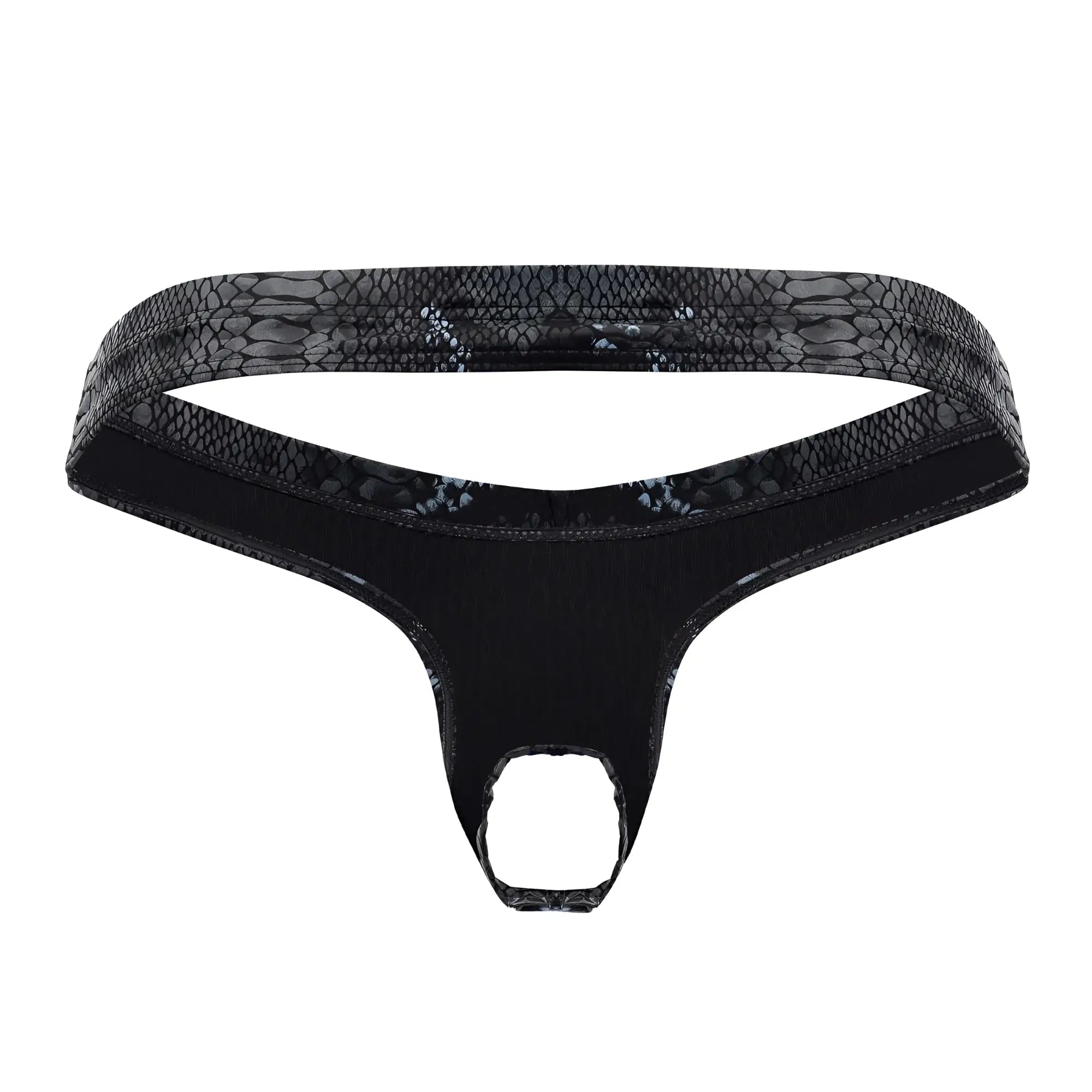 Black thong with snakeskin-patterned waistband and smooth stretchy fabric from male power 334-282 s-naked power sock