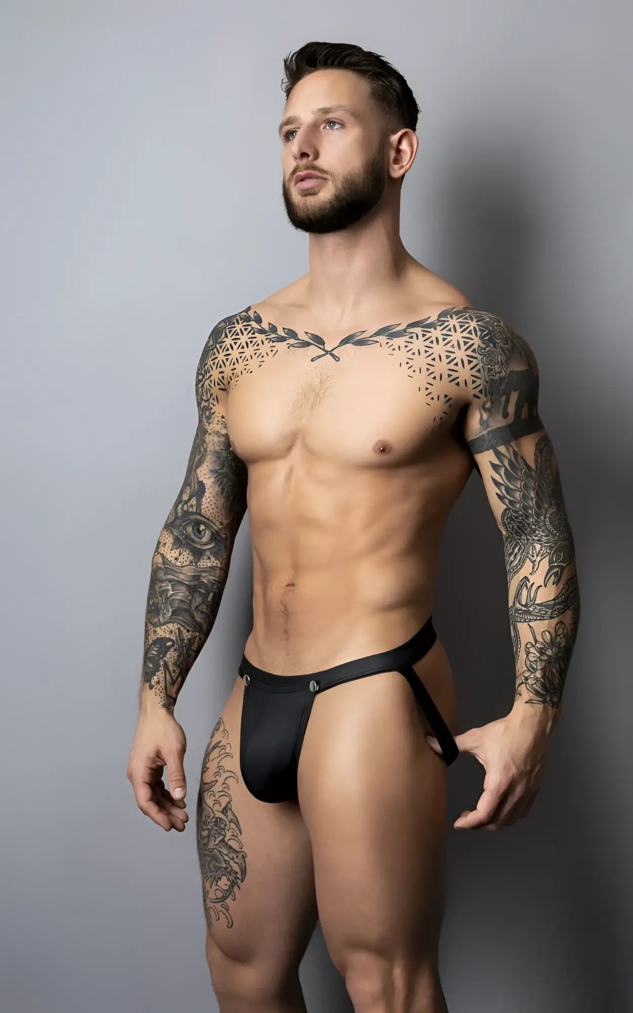 Black male power 346-298 oh snap snap off jock briefs with sleek minimalist design and small metallic logo on front