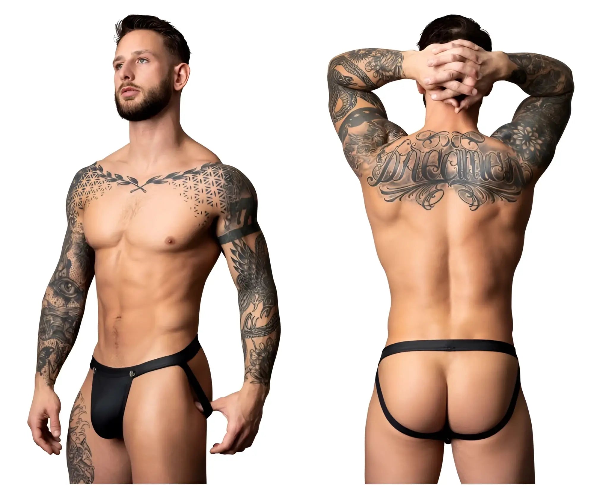 Black leather thong with adjustable side straps and central button closure from male power 346-298 oh snap snap off jock