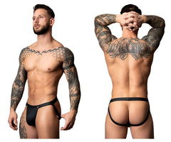 Black leather thong with adjustable side straps and central button closure from male power 346-298 oh snap snap off jock