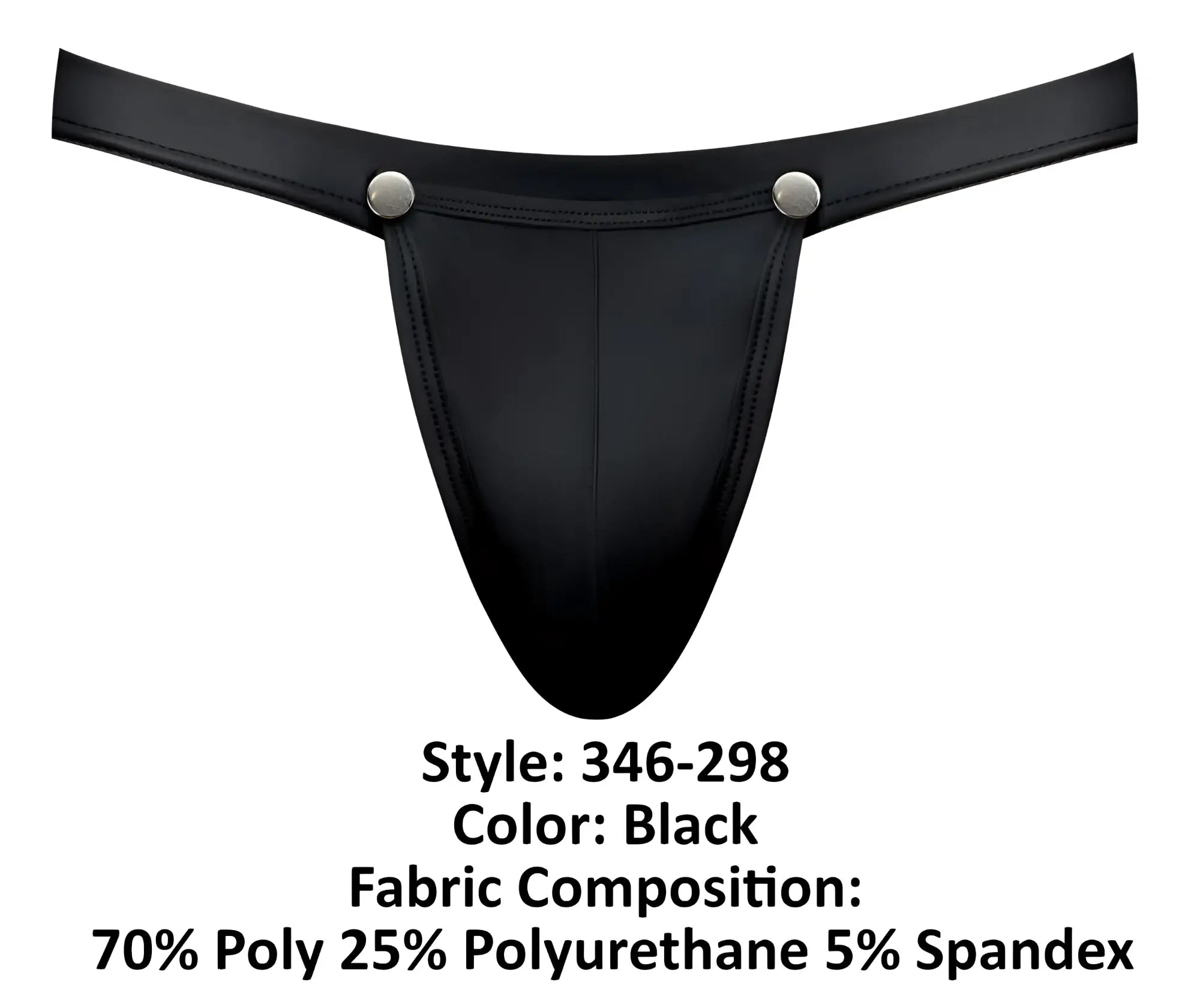 Male power 346-298 oh snap snap off black thong with smooth glossy finish and silver-toned snap buttons at waistband