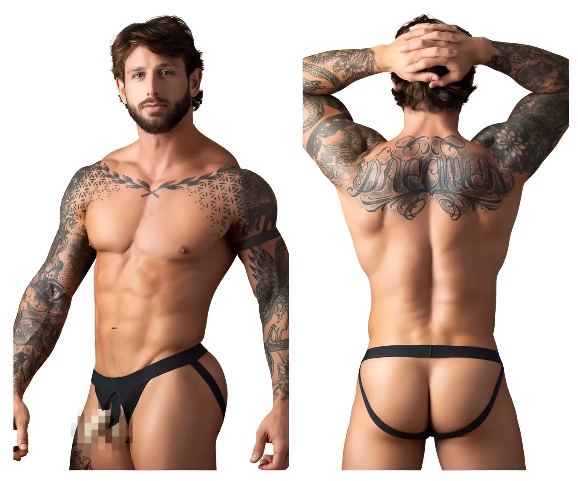 Male power 348-304 black elastic cock ring featuring open front and supportive form-fitting athletic briefs design