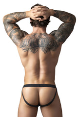 Male power 348-304 black open ended jock with elastic cock ring and form-fitting thong-style design