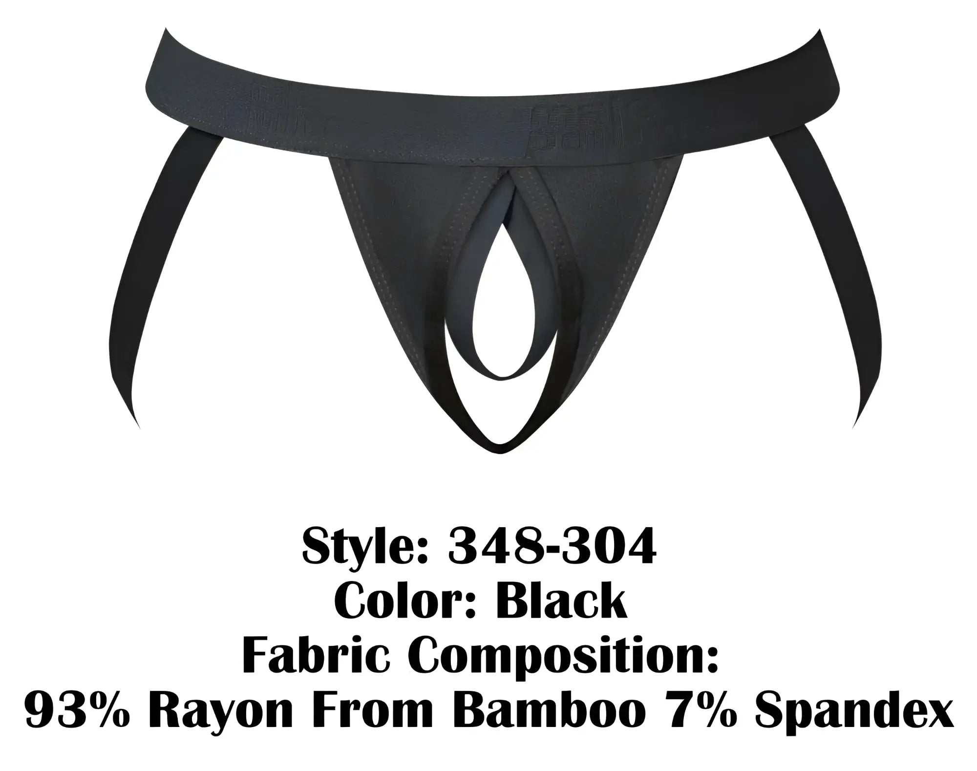 Black male power 348-304 open ended jock with elastic cock ring, wide waistband, side ties, made from bamboo rayon and spandex