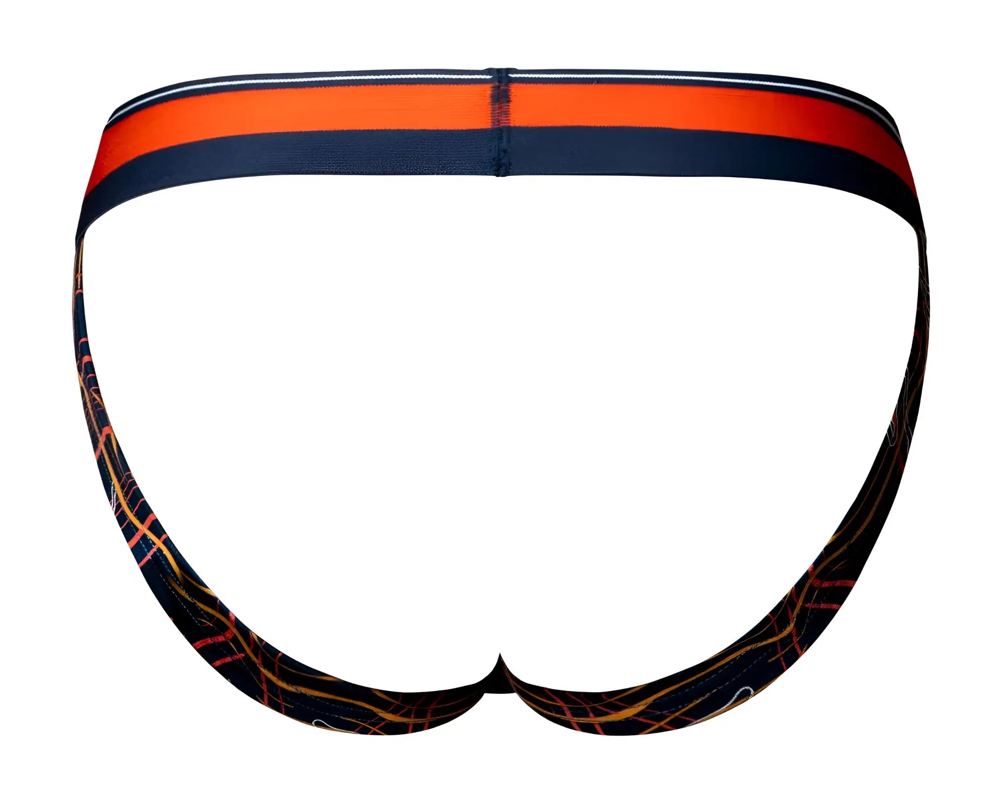 Male power 349-299 soo cumfy jock with orange and navy striped waistband and black fabric body with abstract orange yellow lines