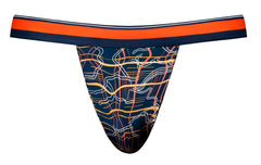Male power 349-299 soo cumfy navy blue thong with vibrant orange waistband and abstract yellow white coral patterns