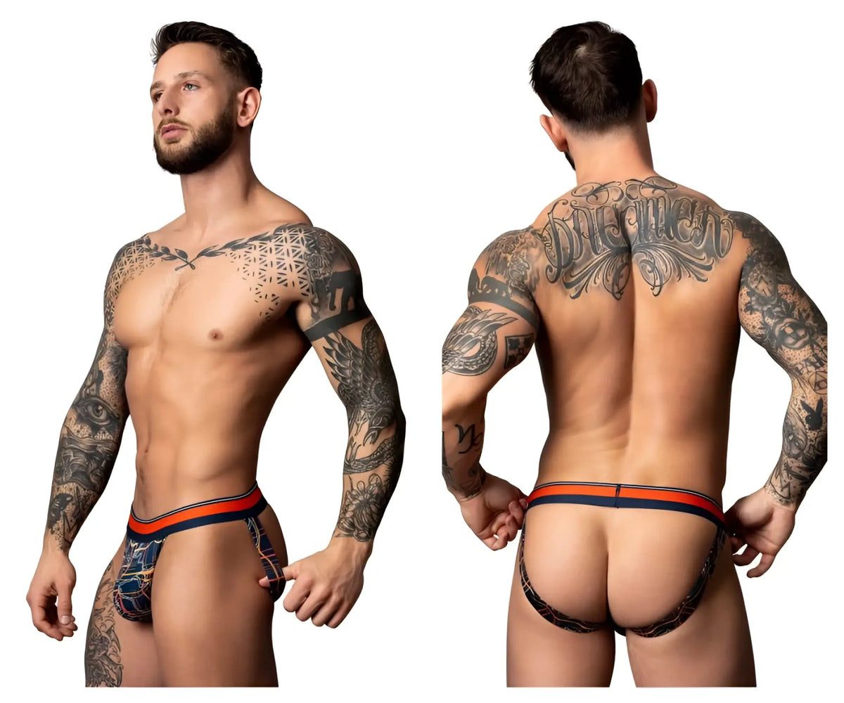 Men’s black and orange Male Power 349-299 Soo Cumfy Jock briefs with geometric pattern in navy and orange colors