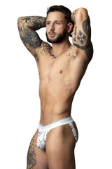 Male power 349-299 soo cumfy jock white briefs with black geometric and tribal pattern detailing front view