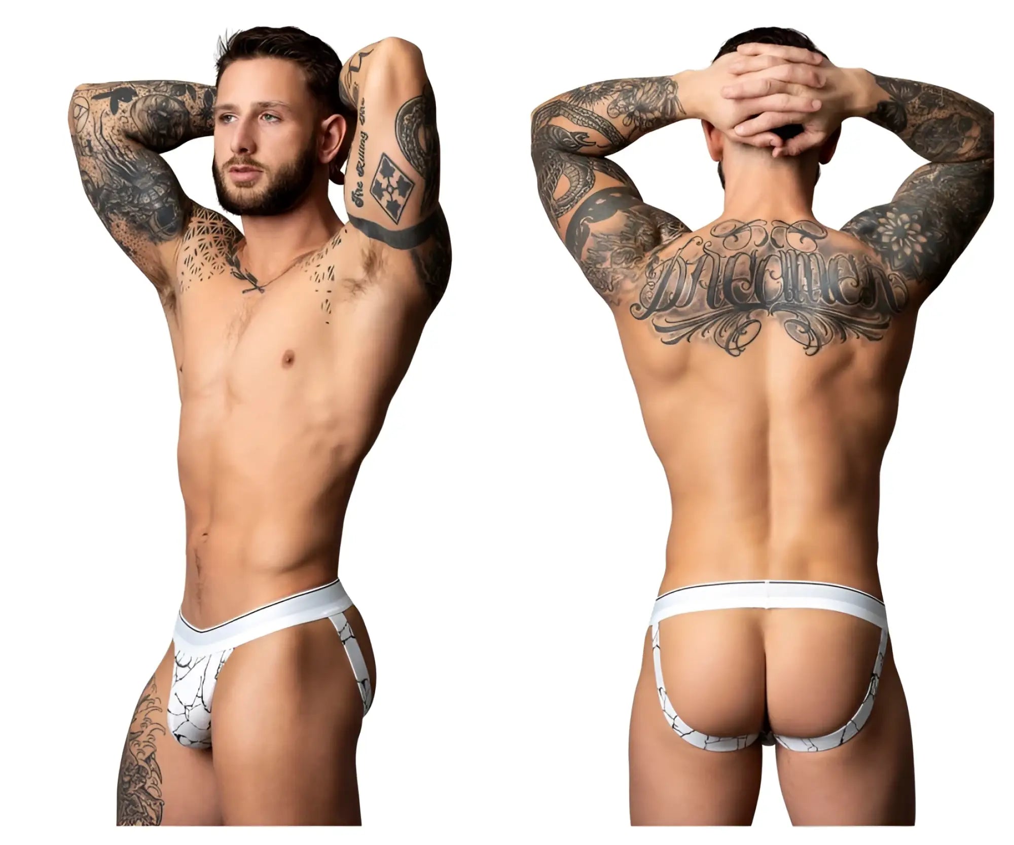 Male Power 349-299 Soo Cumfy jock white black briefs with white marble pattern and sleek modern design
