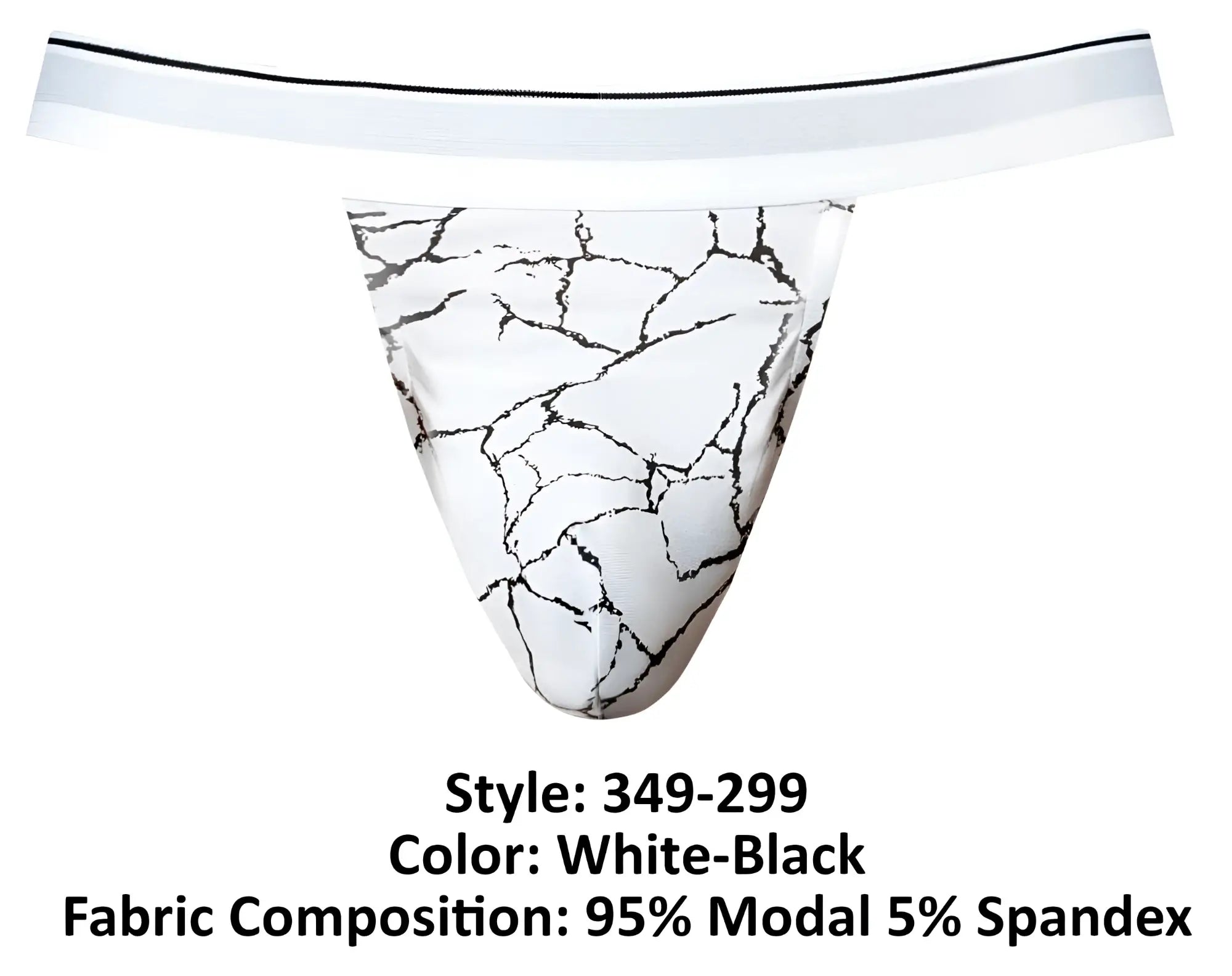Male power 349-299 soo cumfy jock in white and black marble-patterned thong with white elastic waistband front view