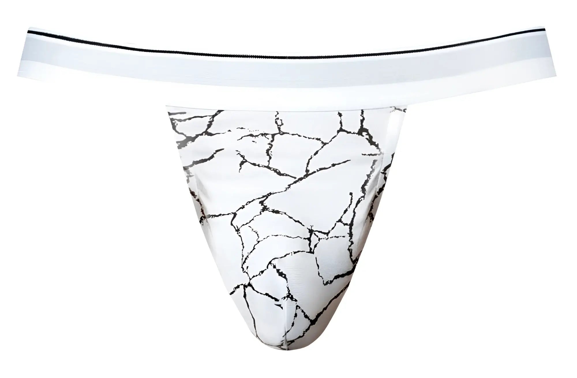 White thong jock by male power with black marble crack pattern and thin white waistband designed for comfort