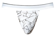 White thong jock by male power with black marble crack pattern and thin white waistband designed for comfort