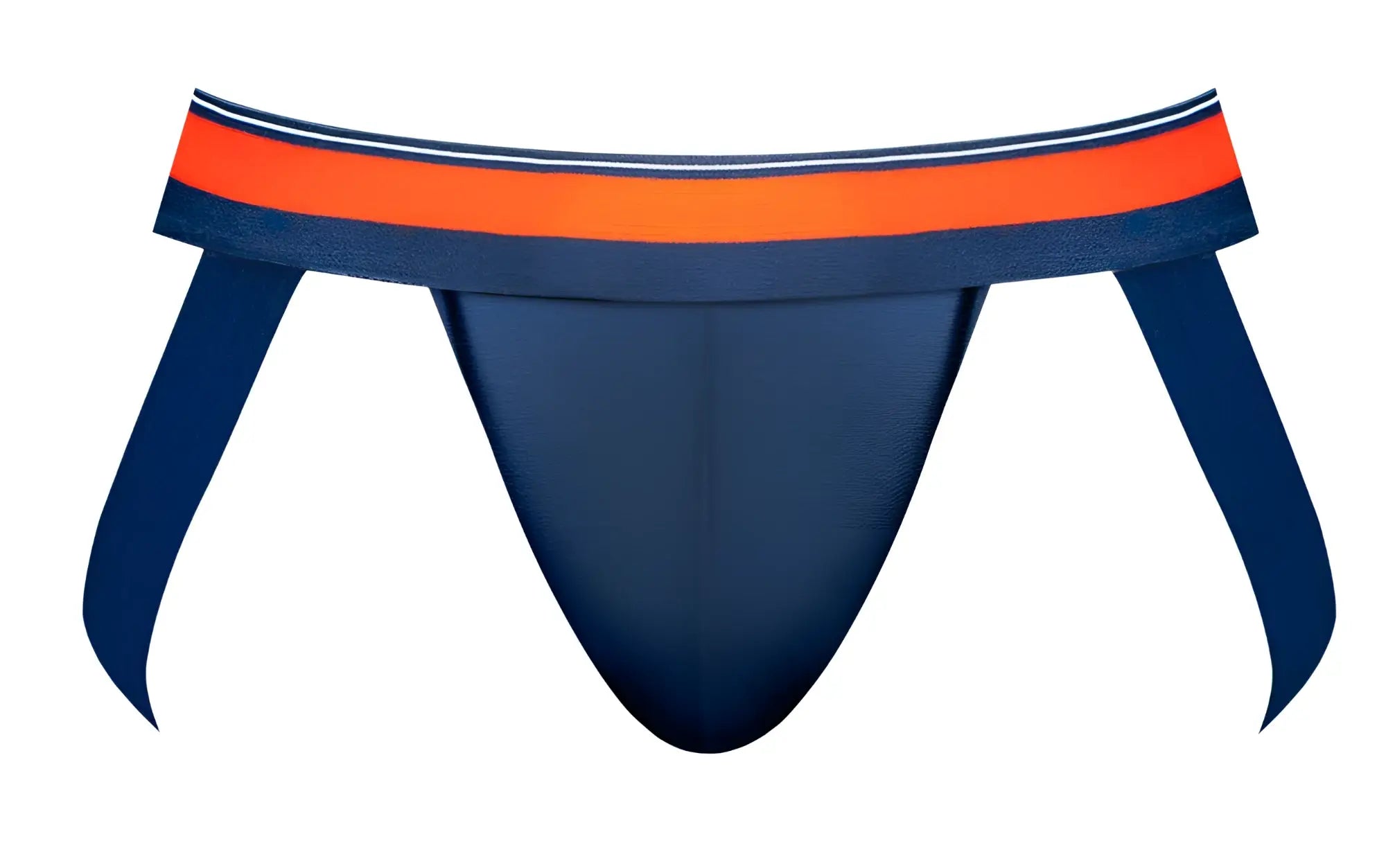 Navy blue male power 349-299 soo cumfy jockstrap with bold orange and white striped waistband in front view