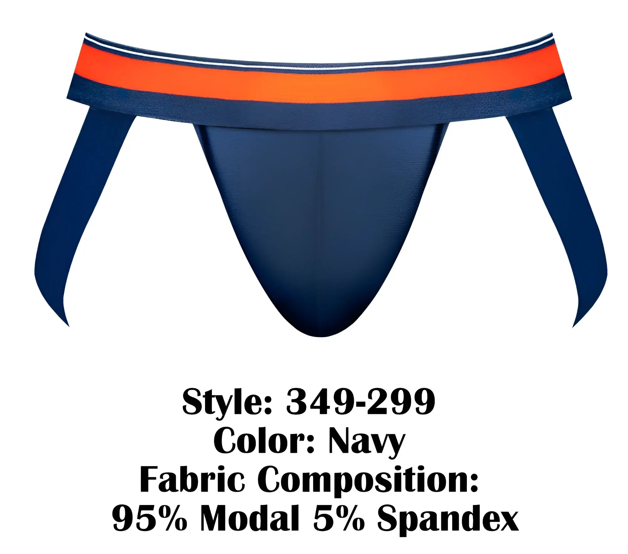 Navy blue male power 349-299 soo cumfy jockstrap with bold orange and white striped waistband front view