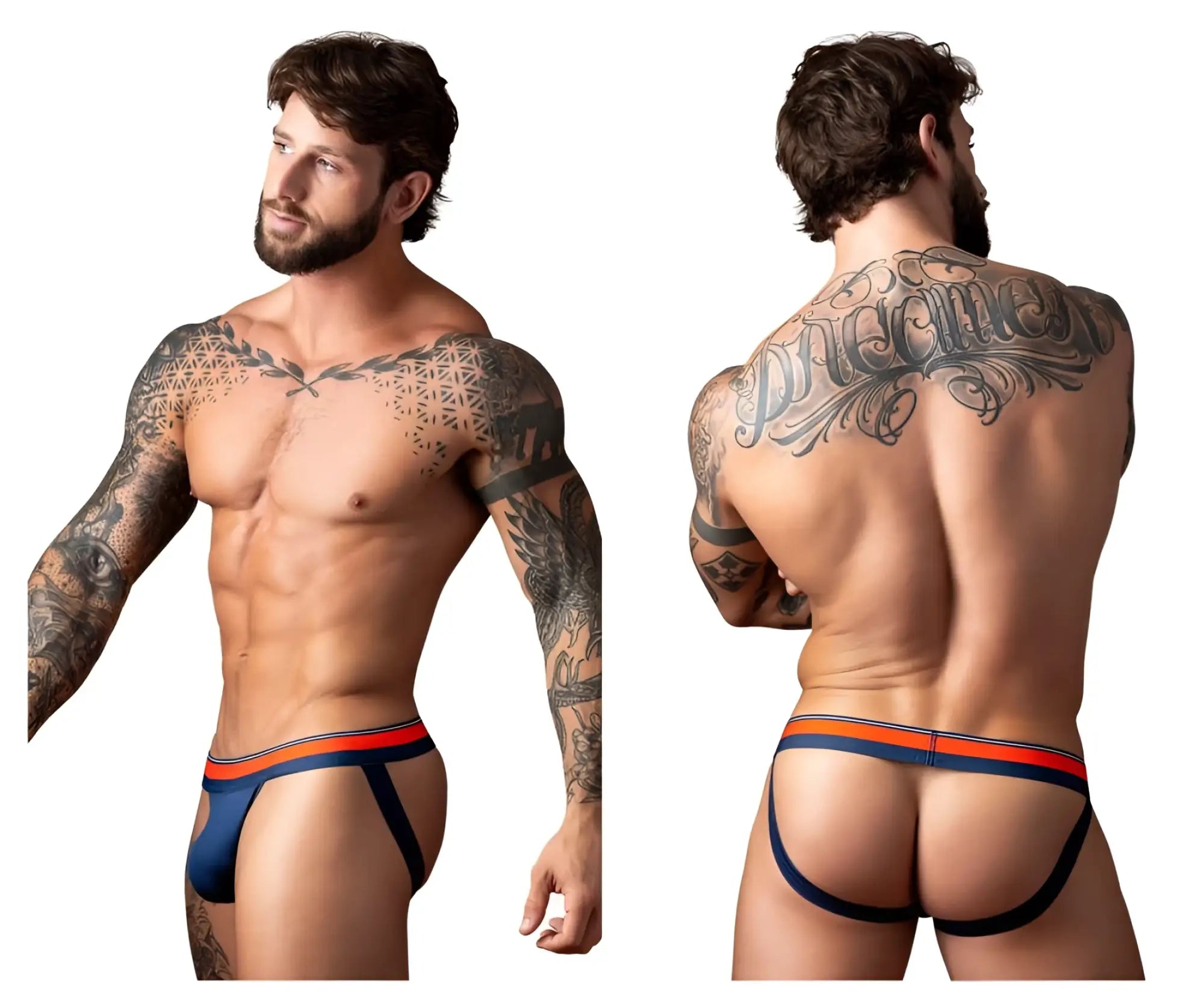 Male power 349-299 soo cumfy jockstrap in navy with blue and orange contoured athletic briefs for support and comfort