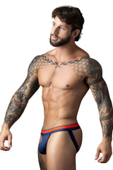 Male power 349-299 soo cumfy jockstrap in navy blue and orange with a supportive contoured athletic design