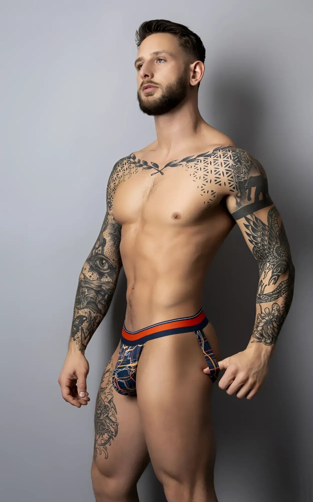 Male power 349-299 soo cumfy jockstrap in navy with blue and orange geometric patterned briefs for comfortable support