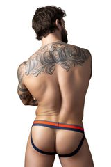 Male power 349-299 soo cumfy jockstrap in navy with orange stripes and sleek form-fitting design briefs front view