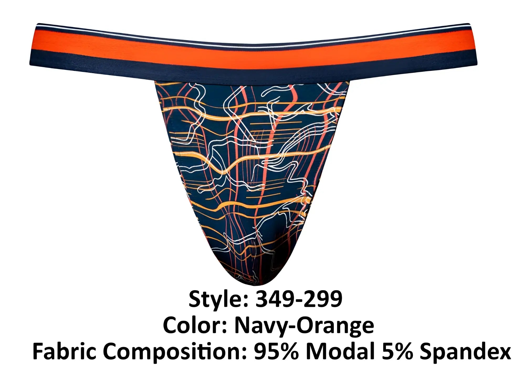 Male power 349-299 soo cumfy jockstrap in navy with orange thong and bold abstract line pattern in orange white and yellow