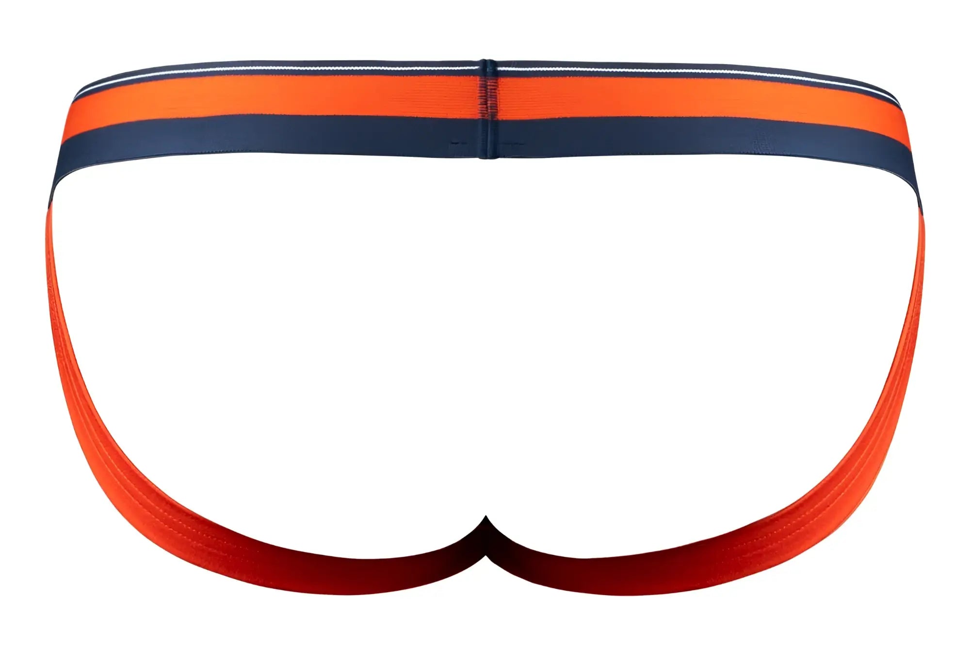 Male power 349-299 soo cumfy jockstrap in orange with navy blue stripes and red gradient trim for athletic wear