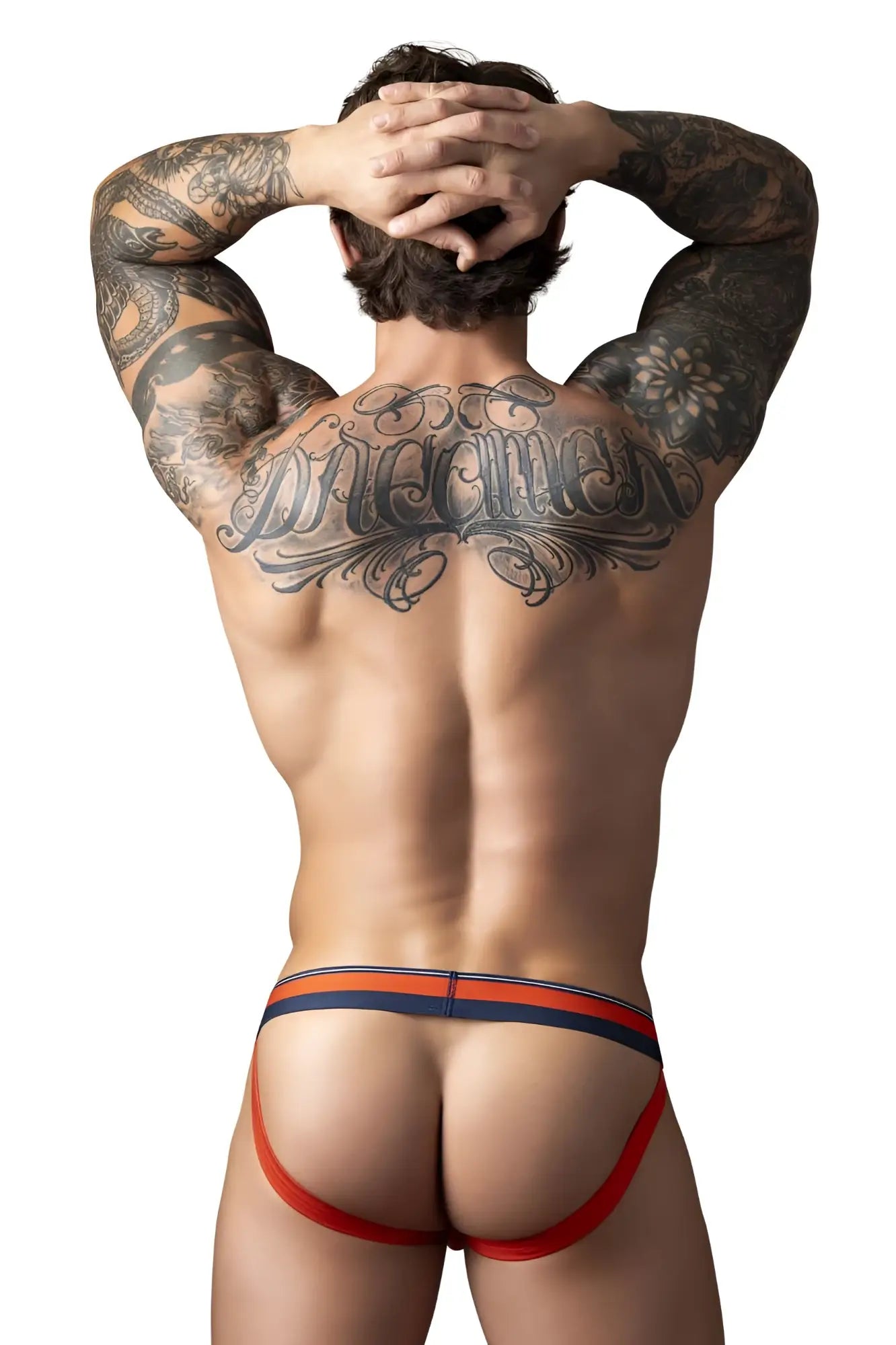 Male power 349-299 soo cumfy jockstrap in red and navy blue with snug form-fitting athletic briefs design