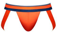 Male power 349-299 soo cumfy jockstrap in vibrant orange with navy blue and white striped waistband for athletic use