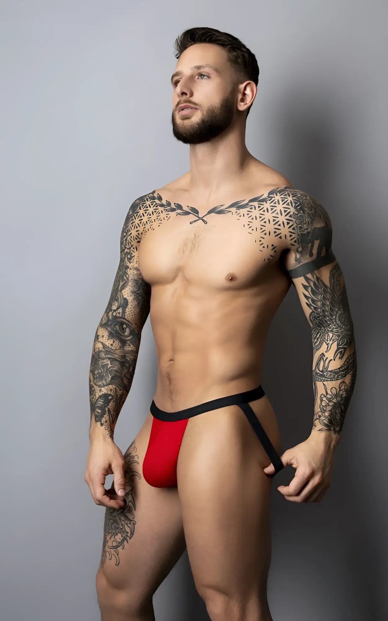Male power 349-300 hot mesh jock briefs in black and red with bold modern design and breathable material