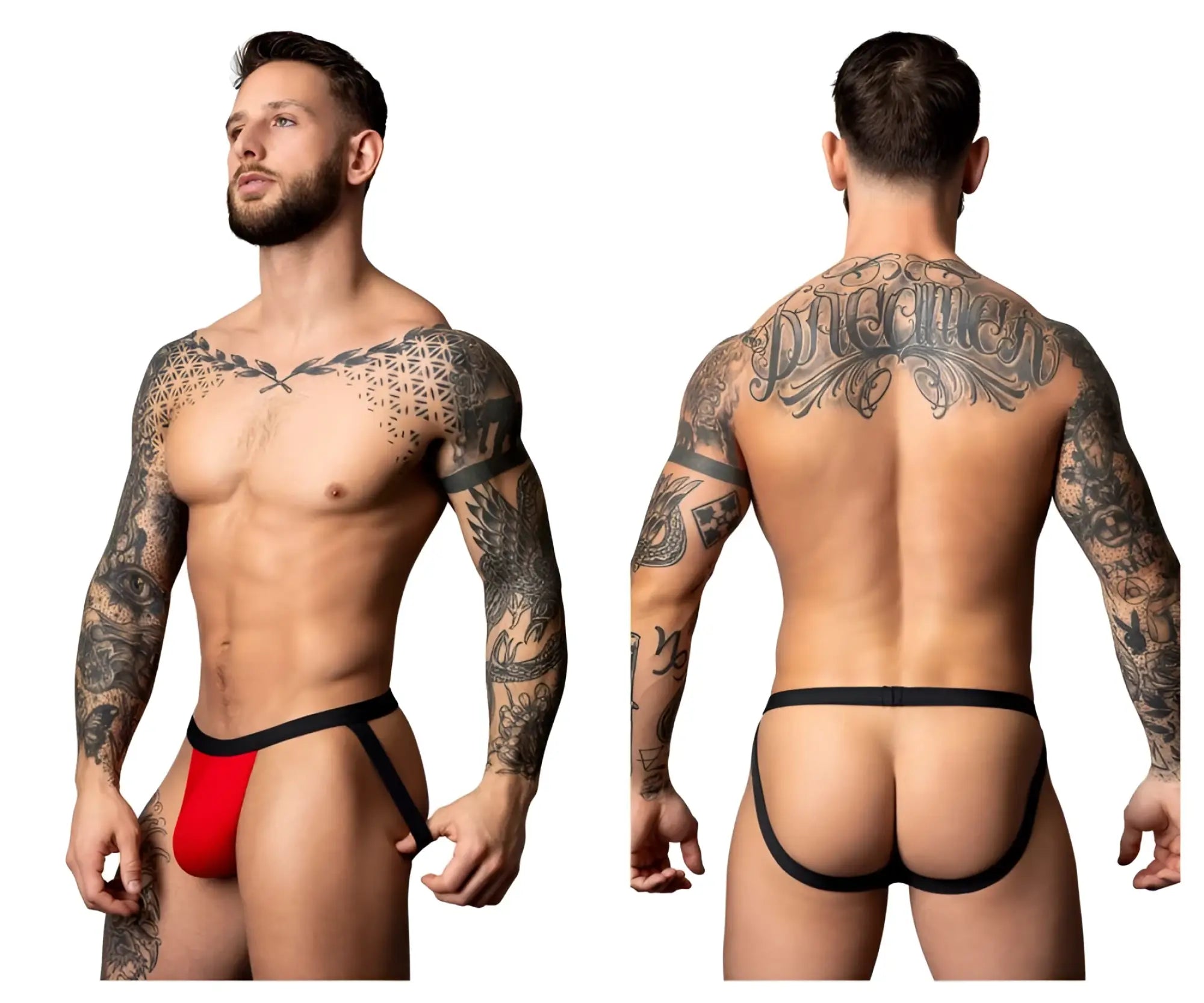 Male power 349-300 hot mesh jock in black and red features a sleek minimalist red and black thong design