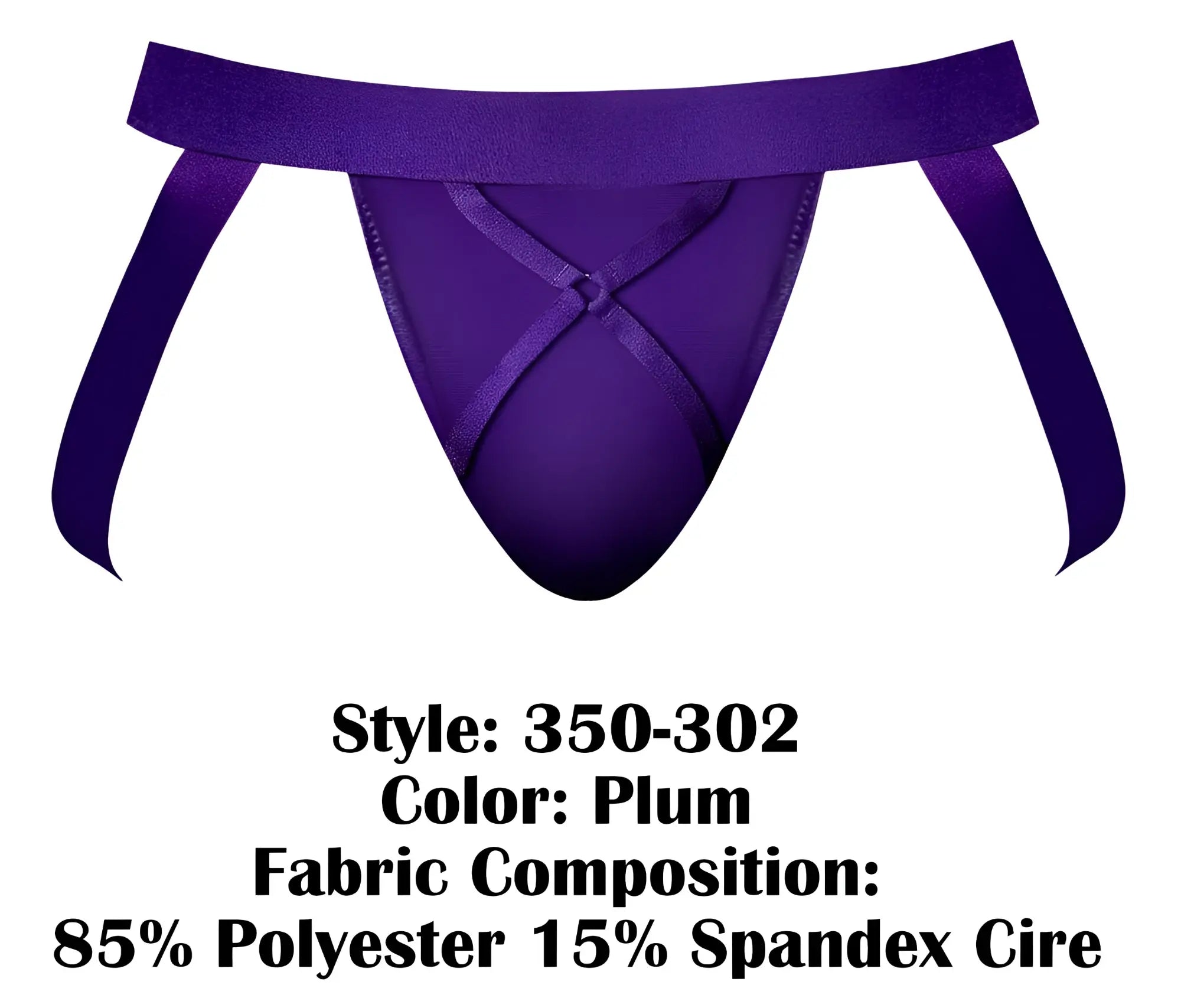 Male Power 350-302 eggplant crossover jock in plum satin with crossed fabric straps at front
