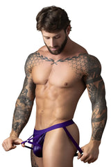Purple satin male power briefs with sleek shiny finish and adjustable straps in eggplant color plum